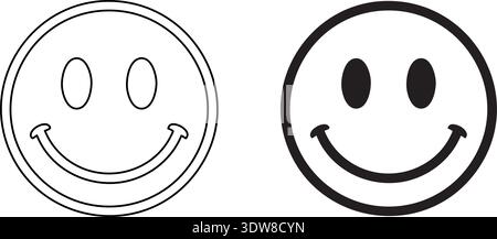 The image features two smiley faces side by side. The first smiley face has two small circles as eyes and a wide, open-mouthed smile with curved lines Stock Vector