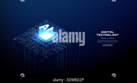 Digital AI chip with neon light trails on electronic board Stock Vector