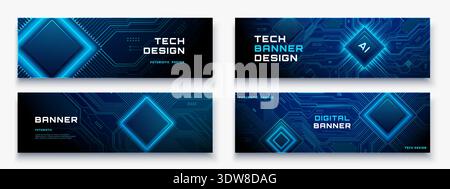 Modern tech banner set with circuit patterns and AI elements. Stock Vector