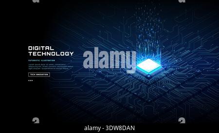 Luminous processor with glowing connections on futuristic tech bg Stock Vector