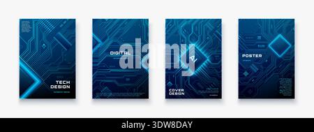 Technology posters showcase digital circuit boards semiconductor chips Stock Vector