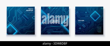 Tech background set with glowing circuit patterns, blue digital waves Stock Vector