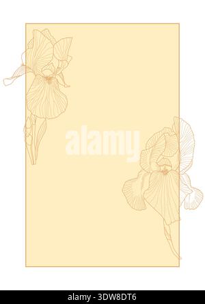 Iris flower, leaves card template outline hand drawn illustration, floral design element, graphic clipart for invitation, card, wedding decor, February birth month flower, botanical line art Stock Vector
