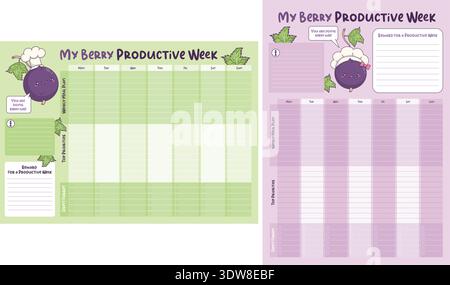 Weekly Meal Planner and Productivity Bundle. Printable Layouts with Cute Kawaii Male and Female Chef Mascot. Horizontal and Vertical Kitchen Organizer Stock Vector