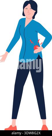 Flank pain. Woman suffering from sickness color icon Stock Vector
