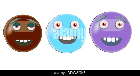 Three Quirky Cartoon Spheres with Expressive Faces Displaying Unique Personalities and Vibrant Colors Stock Vector