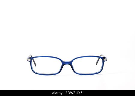 Front view of a pair of glasses with blue plastic frames isolated on a plain white background. Copy space. Stock Photo