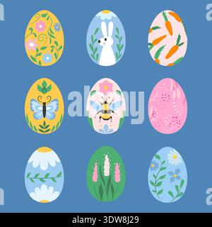 Set of nine decorated Easter eggs with floral, animal and carrot patterns on blue background. Concept of Easter holiday design Stock Vector