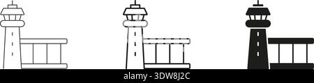 Airport Control Tower Line And Solid Icon Set. Air Traffic Management And Aviation Safety Outline And Silhouette Symbol Collection. Flight Navigation Stock Vector