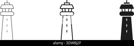 Air Traffic Control Tower Line And Solid Icon Set. Aviation Safety, Flight Navigation Outline And Silhouette Symbol Collection. Aviation Stock Vector