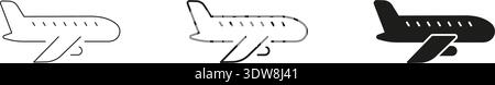 Airplane Travel Icon Set. Aviation, Flight, And Transportation Outline And Silhouette Symbol Collection. Airplane Journey And Airline Industry Stock Vector