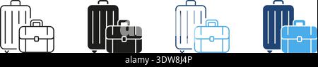 Luggage And Briefcase Icon Set. Travel And Business Trip Essentials Outline And Silhouette Symbol Collection. Suitcase And Bag For Journey And Work Stock Vector