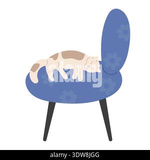 Domestic cat sleeping on blue easy flowers pattern chair isolated on white background. Flat vector illustration for cat lovers.  Stock Vector
