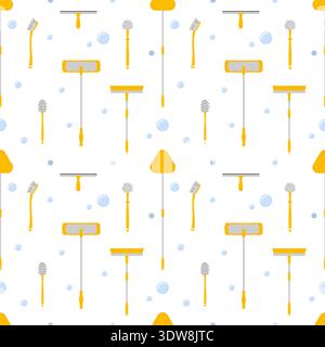 Toilet Brush, Mops, Brushes. Seamless Pattern with Cleaning Supplies for Wallpaper Packaging Wrappers Scrapbooking Stock Vector