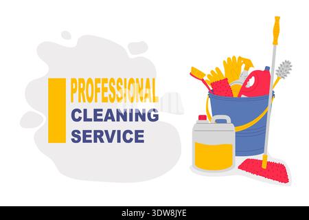 Everything you need for cleaning. Professional cleaning service advertisement, any cleaning products and equipment. Stock Vector