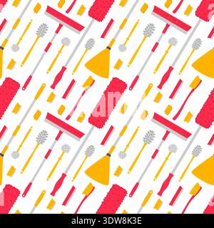 Red and yellow abstract pattern with mops and brushes. Diagonal dynamic composition for wrapping paper, packaging, covers. Stock Vector