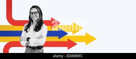 Collage Showing a Woman With Glasses Next to Colorful Arrows Pointing in Different Directions Stock Photo