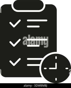Checklist With Clock Solid Icon. Task Management, Deadline Scheduling, And Productivity Planning Silhouette Symbol. Efficient Time Management Stock Vector