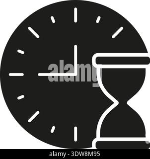 Clock With Hourglass Solid Icon. Time Management, Deadline, And Productivity Tracking Silhouette Symbol. Efficient Scheduling And Task Planning Stock Vector