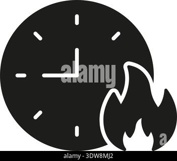 Clock With Fire Solid Icon. Time Management, Urgency, And Deadline Pressure Silhouette Symbol. Quick Task Completion And Efficiency. Isolated Vector Stock Vector