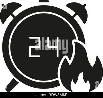 24-Hour Timer With Fire Solid Icon. Rapid Response, Emergency Countdown, And Urgency Silhouette Symbol. Quick Action And Crisis Management. Isolated Stock Vector