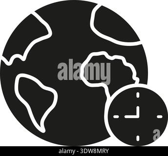 Globe With Clock Solid Icon. World Time, Global Scheduling, And International Time Zones Silhouette Symbol. Time Management And Coordination. Isolated Stock Vector