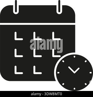 Calendar With Clock Solid Icon. Time Management, Scheduling, And Planning Efficiency Silhouette Symbol. Appointment And Deadline Coordination Stock Vector