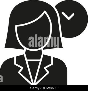 Female Employee Solid Icon. Workforce Verification And Task Completion Silhouette Symbol. Business Hr Management And Personnel Authentication Stock Vector