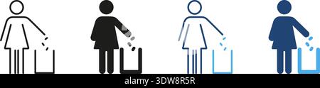 Female Figure Throwing Trash In Bin Line And Solid Icon Set. Waste Disposal, Environmental Responsibility, And Cleanliness Outline And Silhouette Stock Vector