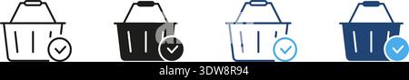 Shopping Basket With Checkmark Line And Solid Icon Set. E-Commerce, Purchase Confirmation, And Online Shopping Approval Outline And Silhouette Symbol Stock Vector