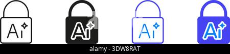 Ai Security Lock Line And Solid Icon Set. Artificial Intelligence Protection And Data Privacy Outline And Silhouette Symbol Collection. Cybersecurity Stock Vector