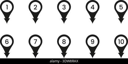 Black Numbered Location Pin Solid Icon Set. Sequential Map Marker Silhouette Symbol Collection. Navigation, Geolocation, And Wayfinding Design Stock Vector