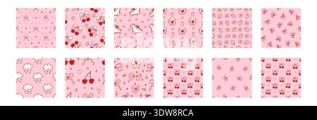 Seamless cherry pattern set with cute bows and hearts. Girly coquette print featuring pink ribbons, perfect for Valentine's Day fabric, wallpaper, or gift wrap design. Vector illustration Stock Vector