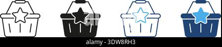 Shopping Basket With Star Line And Solid Icon Set. Premium Shopping Experience And Customer Loyalty Outline And Silhouette Symbol Collection. Retail Stock Vector