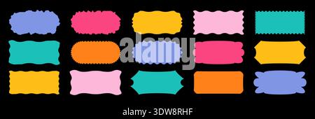 Wavy organic rectangle bright colorful abstract shapes on black background with curvy hand-drawn edges. Playful frames and text boxes for banners, posters, stickers, modern design, vector illustration Stock Vector
