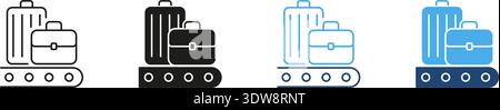 Luggage On Conveyor Belt Icon Set. Baggage Handling, Airport Logistics, And Travel Management Outline And Silhouette Symbol Collection. Isolated Stock Vector