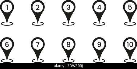 Black Numbered Location Pin Solid Icon Set. Sequential Map Marker Silhouette Symbol Collection. Navigation, Geolocation, And Wayfinding Design Stock Vector