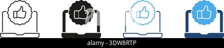 Laptop With Thumbs Up Badge Line And Solid Icon Set. Online Approval, Positive Feedback and Digital Endorsement Outline And Silhouette Symbol Stock Vector