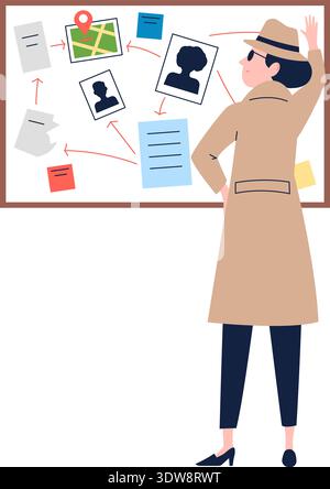 Detective look at clue pin board for crime investigation Stock Vector