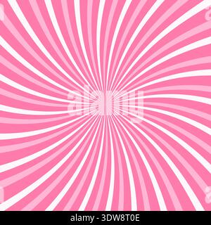 Pink radial burst background with dynamic twisted stripes. Pink and white colors. Bright comic-style sunburst pattern for pop art, retro design, poster, or social media template. Vector illustration. Stock Vector