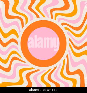 Sunrays retro background. Vintage sun vector summer 70s poster. Abstract swirl groovy design with grunge texture. Paper banner with psychedelic orange and pink spiral beams on pastel backdrop Stock Vector