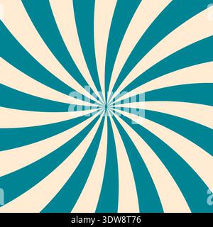 Teal and beige swirl groovy starburst background. Retro twisted rays pattern with vintage psychedelic vibe. Abstract dynamic spiral design for posters, banners, wallpapers. Vector illustration. Stock Vector