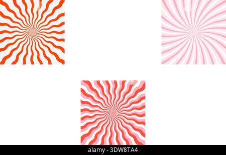 Wavy spiral abstract background. Radial stripes, sunburst, explosion, or surprise manga style effect. Lollipop, candy, yogurt, or ice cream print. Red and white colors. Vector illustration. Stock Vector