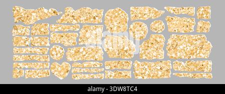 Vector glitter gold paper strips with torn edges. Unique glittering isolated stickers. Chic festive photo or note sticker for ad, print or web, layout element, clip-art, scrapbook embellishment Stock Vector