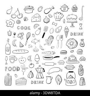 Food doodle hand drawn sketch symbols and objects. Set of kitchen and cooking elements. Vector illustration. Can be used for wallpaper, pattern fills, textile, web page background, surface textures. Stock Vector