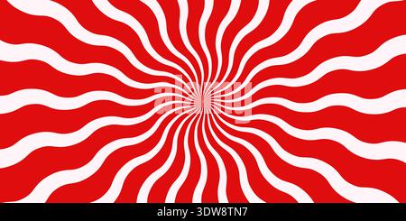 Red and white wavy sunburst background. Abstract hypnotic radial pattern with curved stripes. Optical illusion design, perfect for retro, psychedelic, or pop art themes. Christmas candy vector poster Stock Vector