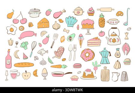 Healthy food set. Vegetables, fruits, desserts, mushrooms and fish collection. Natural organic nutrition. Fresh vitamin grocery products. Colored flat vector illustration isolated on white background Stock Vector