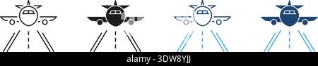 Airplane Landing On Runway Icon Set. Aviation, Travel, And Transportation Symbol Collection. Aircraft Approach And Airport Operations Representation Stock Vector