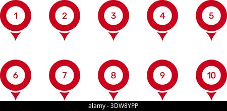 Numbered Location Pin Markers for Navigation and Mapping Icon Set. Geographic Position Indicators and Route Point Pins for Maps and Tracking Symbol Stock Vector