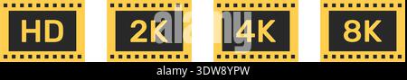 Set of Screen Resolution Silhouette Icon. Video Resolution Yellow Labels for Website. HD, Full HD, 2K, 4K, 8K Quality Set Collection. Isolated Vector Stock Vector